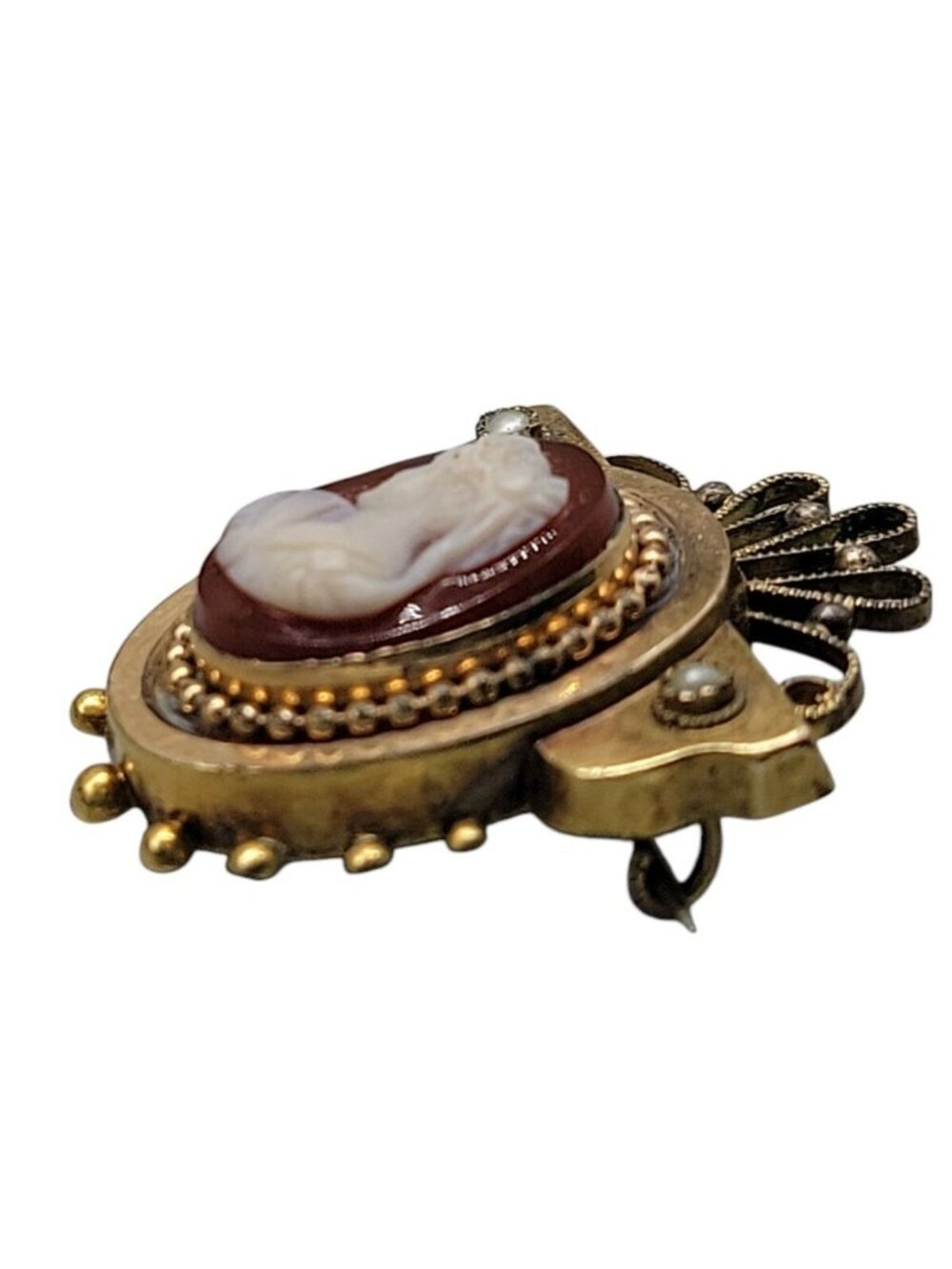 Antique Victorian Carnelian Carved Cameo Brooch Gold Plated Seed Pearl Accents - Picture 3 of 12